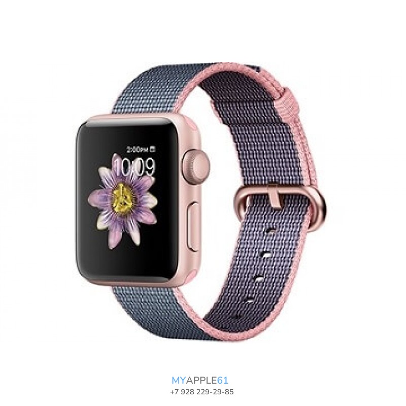 Apple Watch Series 2, 38 мм, алюминиевый корпус розовое золото, плетёный нейлоновый ремешок розовый - темно-синий